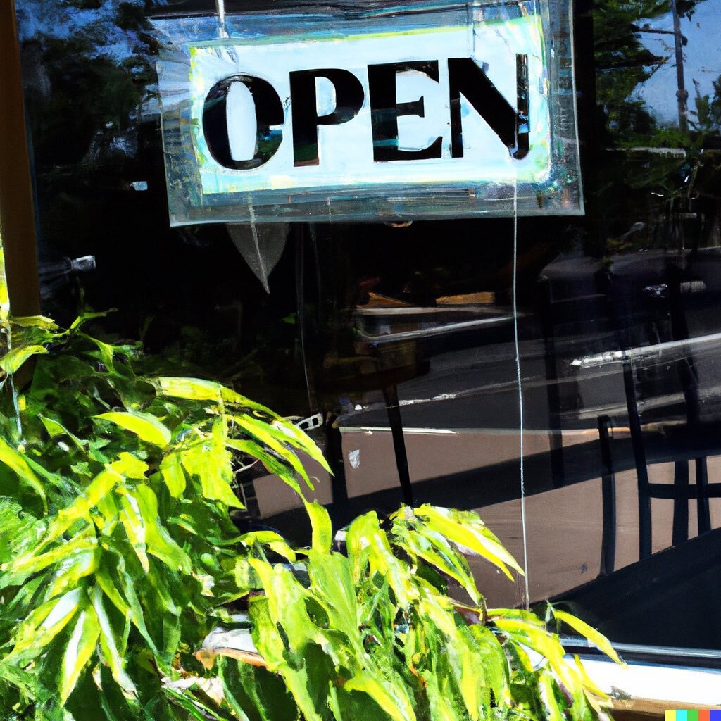 Open regular hours Labor Day Monday. #goodrobot #openai #PhotographofanOpensigninarestaurantwindowonabrightLaborDay2022summerplantsmiddayoverheadharshsunlight