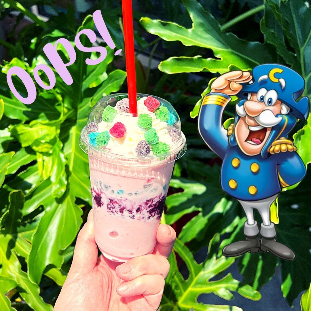 Ooops! We did it again ---&gt; Triple Berry CRUNCH SHAKES - Strawberry Shake w/ Local Mixed Berry Compote, Homemade Whip &amp; JUST THE CRUNCHBERRIES! ---&gt; The boys been waiting in the yard for this one. #oopsjustberries #leavebritneyalone #staycr