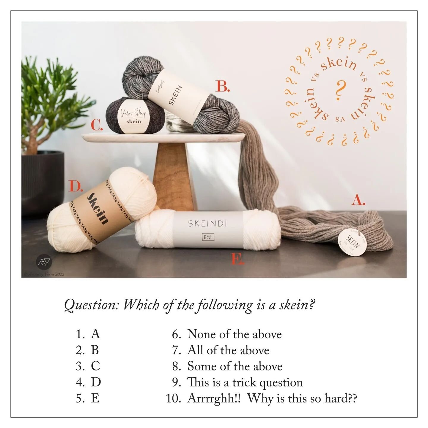 Question: Which of the following is a skein?
1.) A
2.) B
3.) C
4.) D
5.) E
6.) All of the above
7.) None of the above
8.) Some of the above
9.) This is a trick question
10.) Arrrrghhh!  Why is this so hard??