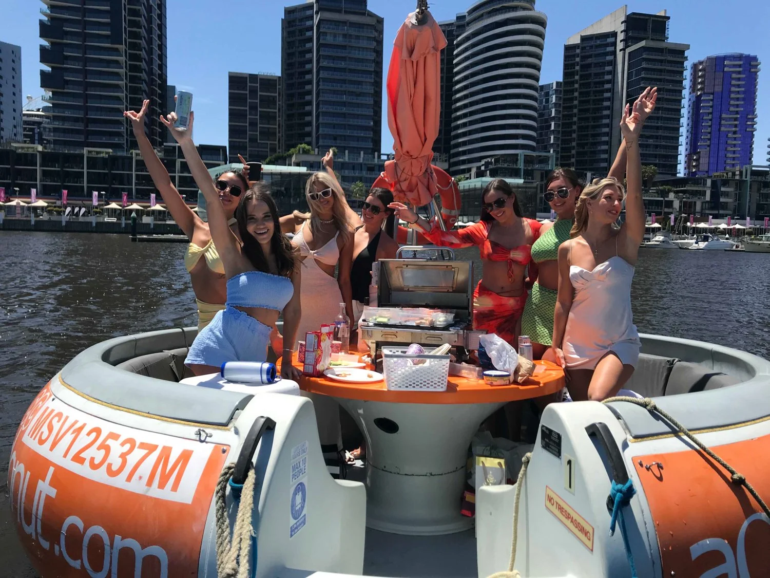 Hen's Party on the Water Melbourne Boat Hire Pontoon and Aquadonut for