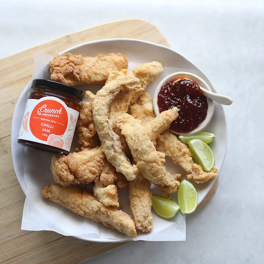 Crispy Fish Goujons with Chilli Jam — CRUNCH PRESERVES