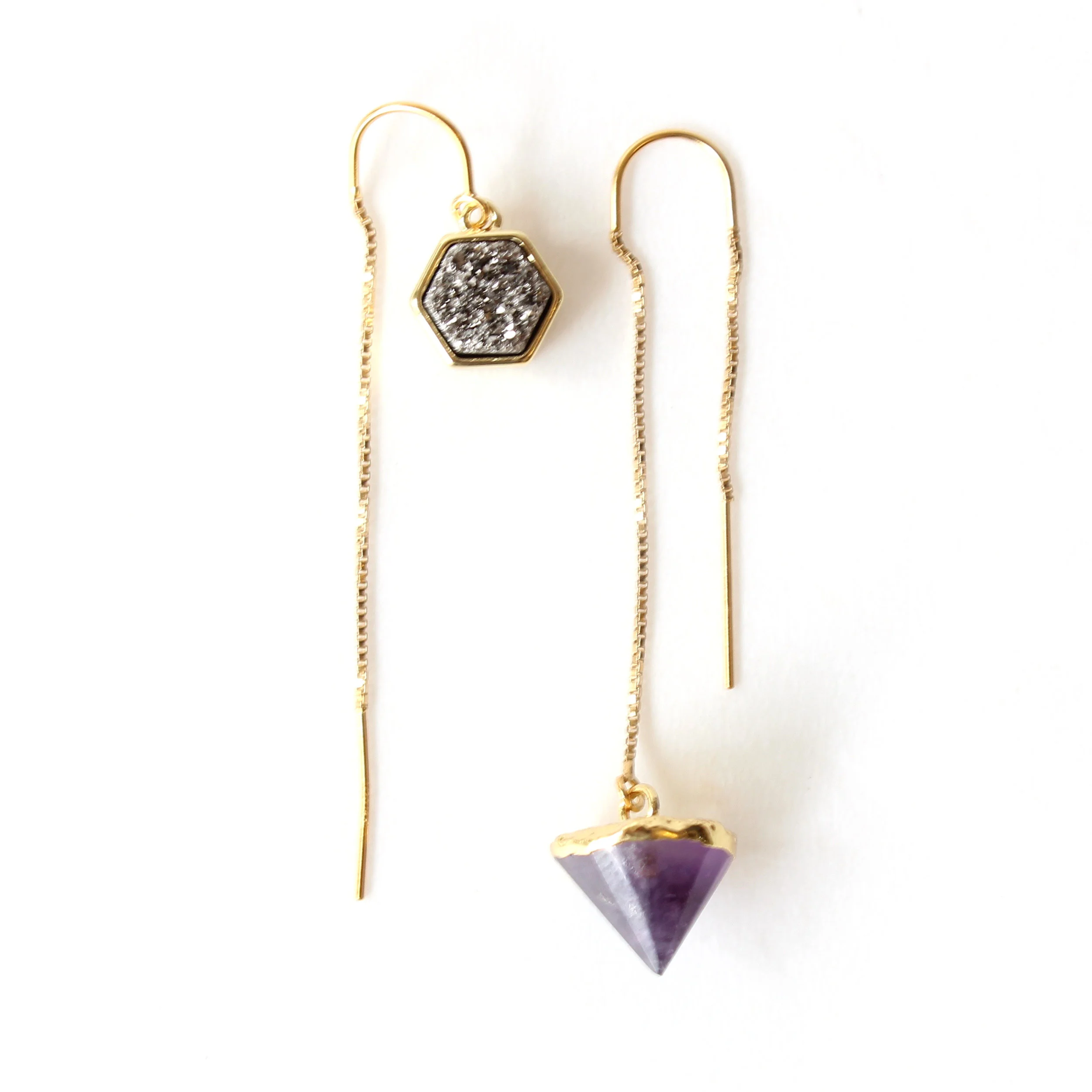 druzy gemstone asymmetrical artisan made gold earrings