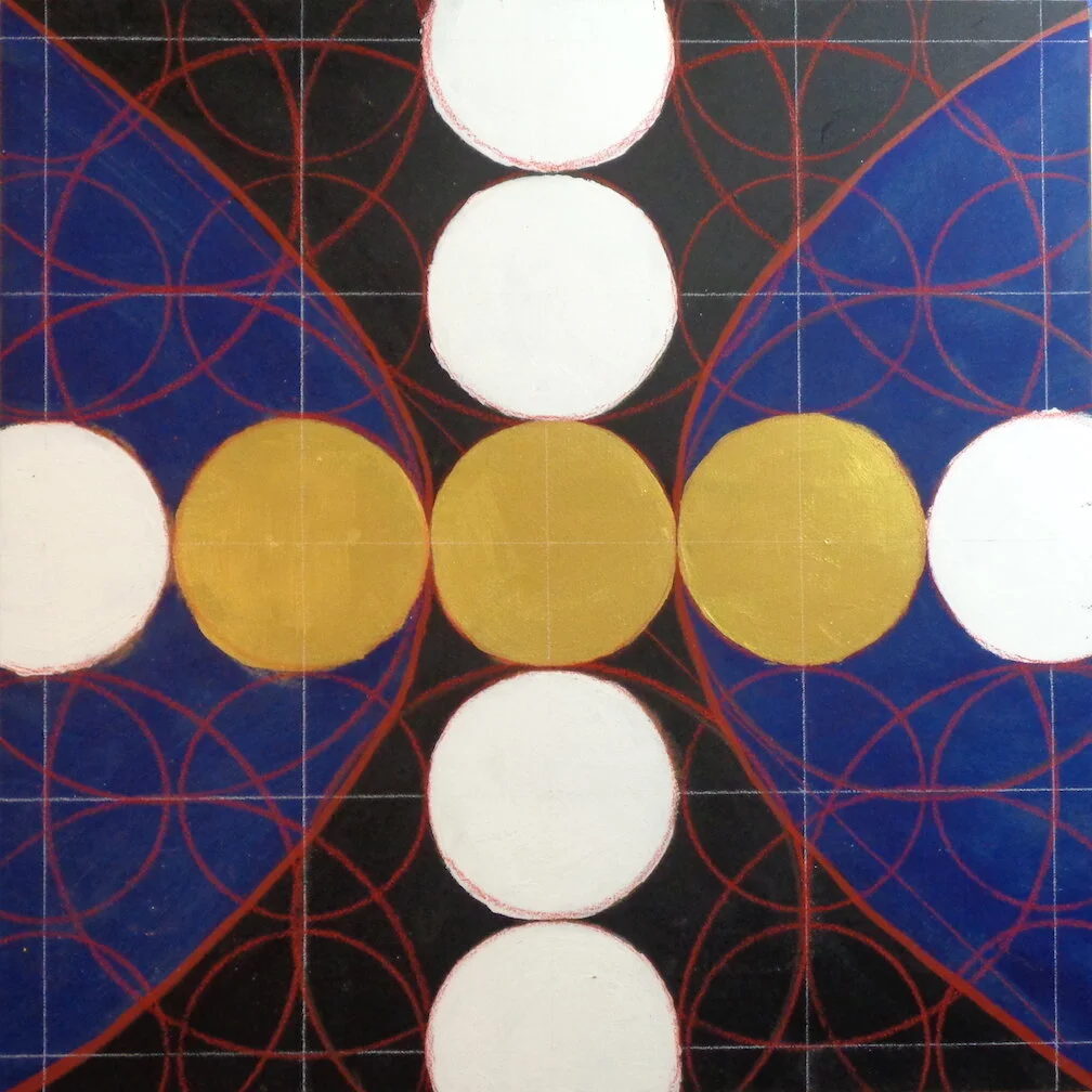 And sometimes I go back to drawing. Circles and parabolas. Acrylic, crayon, and mica on board (16” / 40cm square).