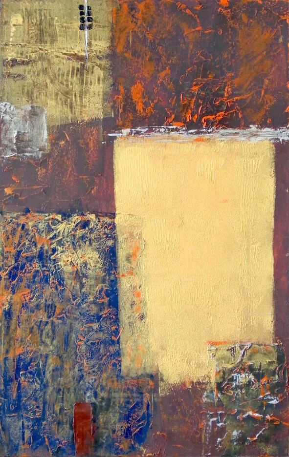 I call this one Alcea (oil, acrylic, and wax on board, 16x10 in / 41x25 cm). Below, you can see the texture in raking light.