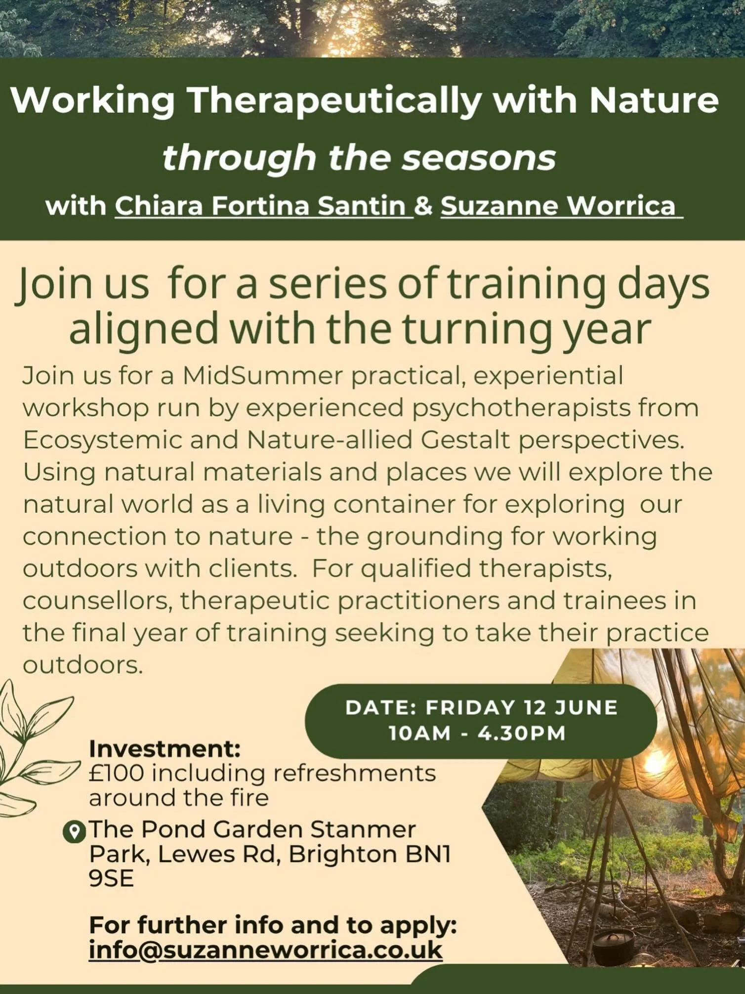 Are you a therapist? Do you want to take your therapeutic practice outdoors? 

If it&rsquo;s a YES! then my dear friend and colleague, nature therapist and gestalt tutor, Suzanne Worrica is facilitating this training day for therapists, counsellors a