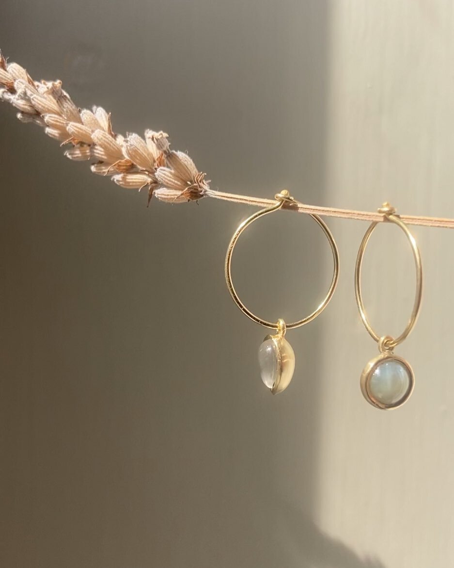 moonstone &amp; sapphire ear hoops in 18ct yellow gold