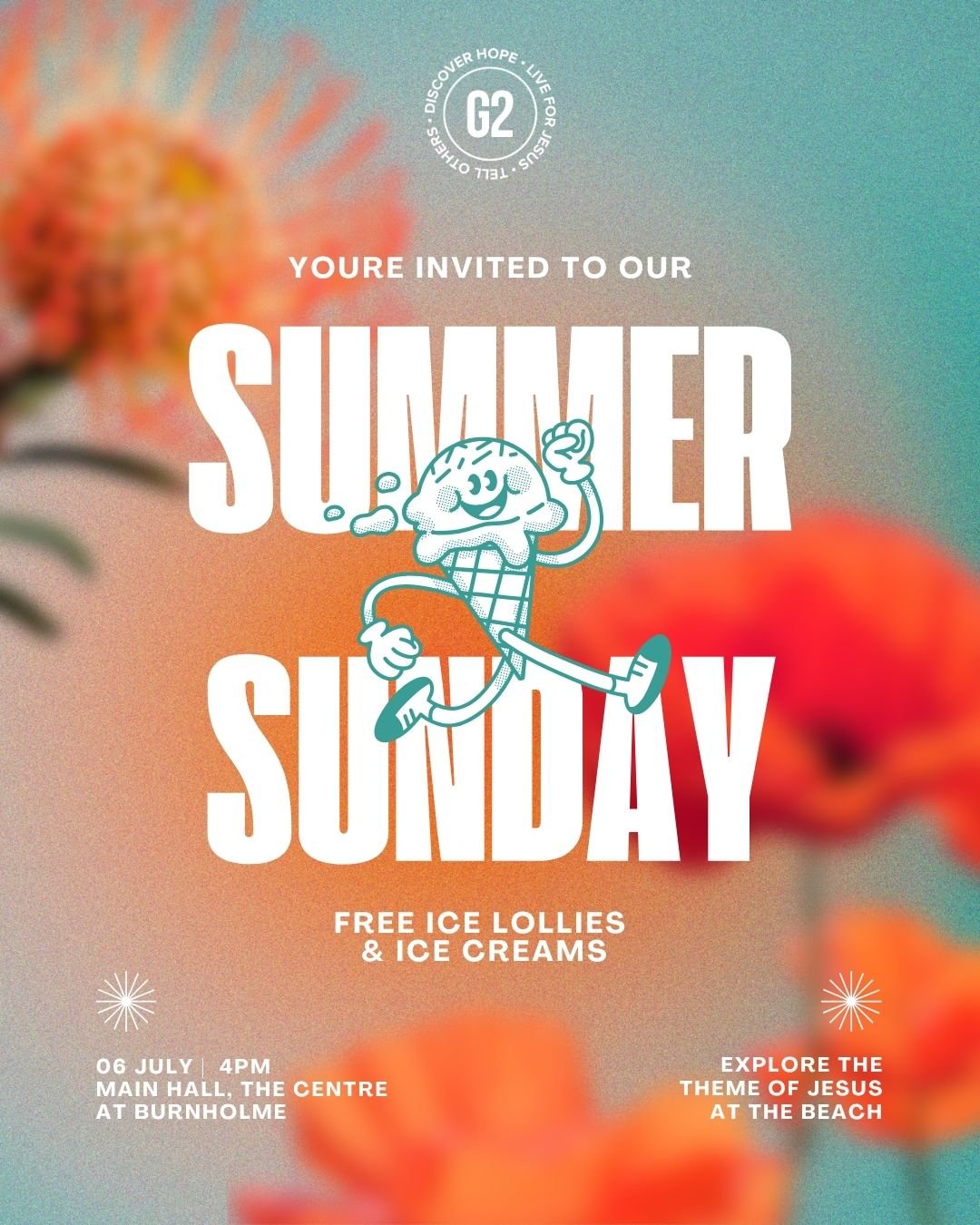 🍦SUMMER SUNDAY IS HERE! 🍦

This coming Sunday we're having a special service, with lots of family fun, and free ice creams &amp; ice lollies, and sun (we hope) 🌞 
We'll also be exploring the times Jesus is found at the beach. 

It&rsquo;s a great 