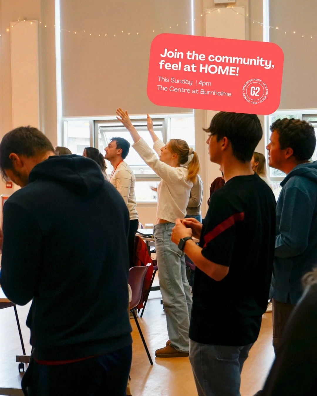 Join the community, feel at HOME! 🙌
You're so welcome to join us for our Sunday service, if you're brand new, just exploring or been with us for ages.

If you're a student try G2 and stay for pizza, a pint and a proper good time! 🍕🍺 @g2students 

