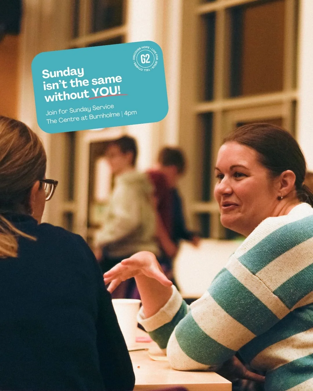 Sunday isn't the same without YOU! 🫵

Join us this Sunday at G2, and it&rsquo;s better with you there! 🙌
We invite you to gather with us as we worship together, share in fellowship, and uplift one another.

Whether you&rsquo;re a longtime member or