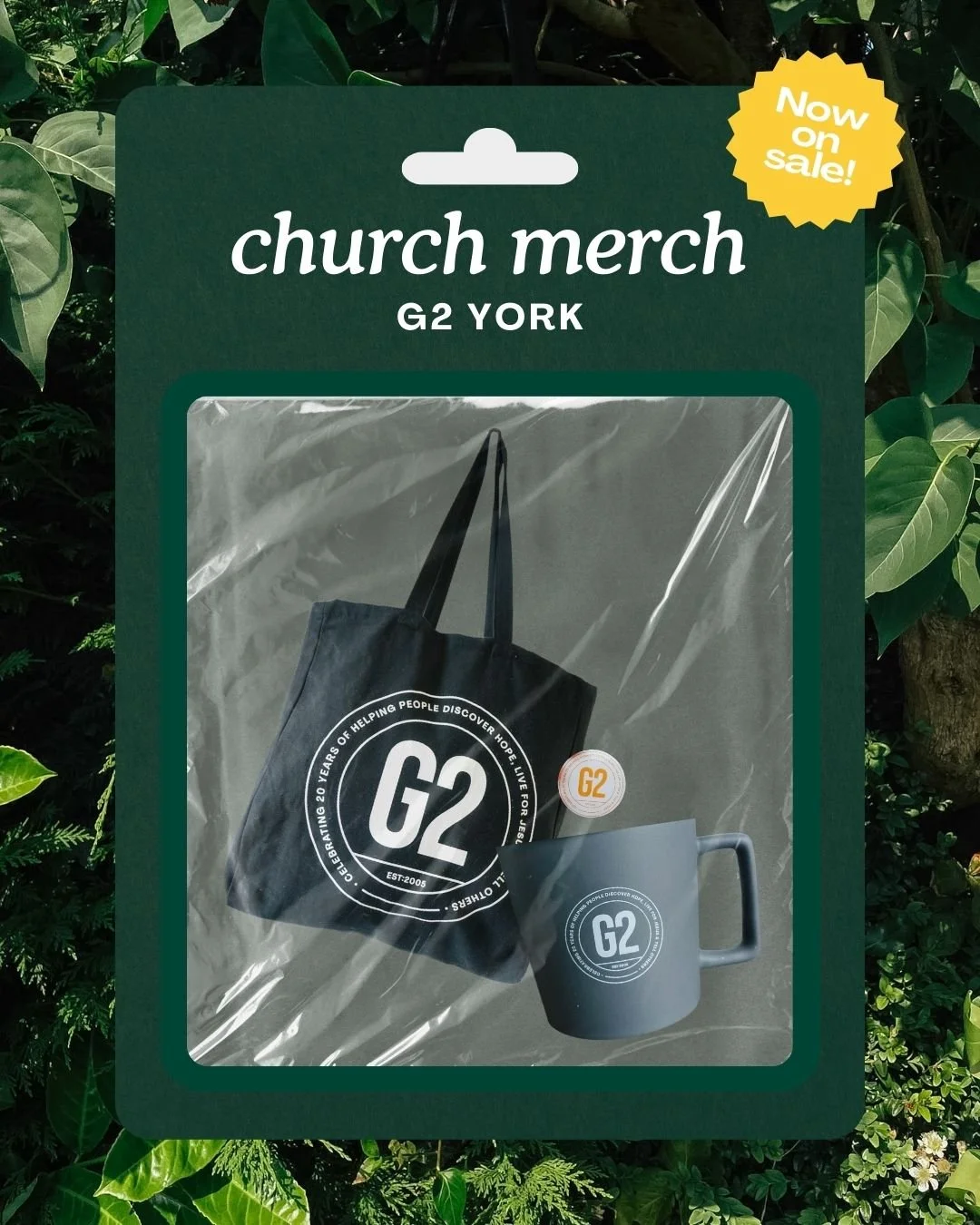 G2 merch is here 🙌

A few simple pieces built around the message at the heart of G2 &mdash; helping people discover hope, live for Jesus, and tell others.

🛍 Tote bag &mdash; &pound;5
☕ Mug &mdash; &pound;5
🏷 Sticker &mdash; &pound;2

Perfect for 