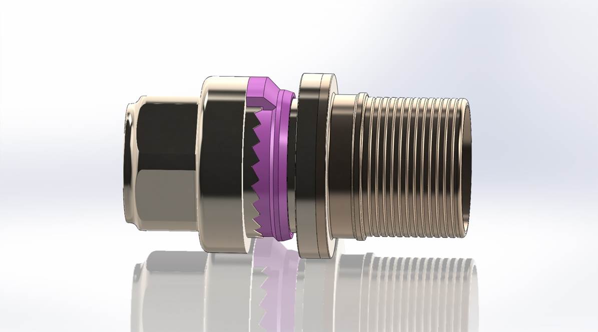 The ratchet ring supported by a wave spring is displaced as the nut is tightened. The unsymmetrical ratchet profile resists unlocking.