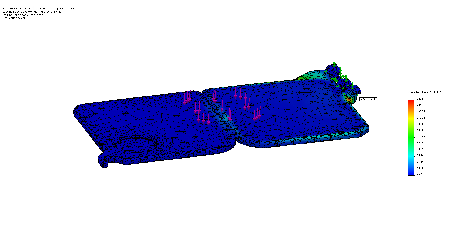 After internal redesign and interlocking hinge applied, 223 Mpa is well within material tolerance