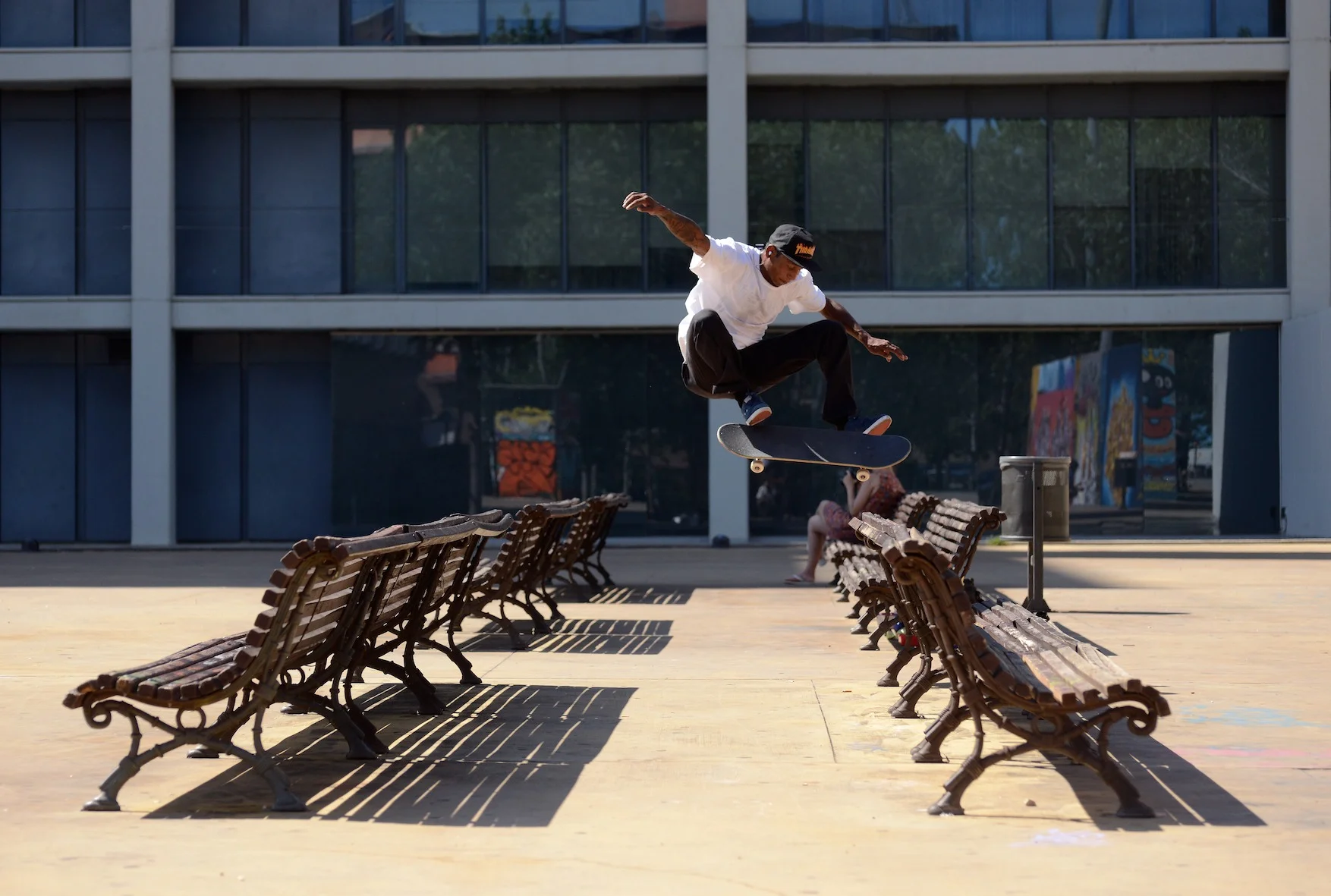 Oscar the G, one of the biggest kick flip ever over the two benches of parallel. as seen in Kingpin skatemag. 