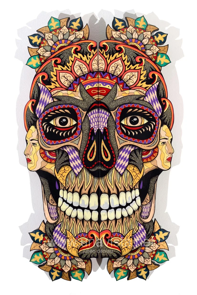 Skull XV  Oil painting and poscas on 2 skateboards.   80X42 cm, 10/2015. OUT 