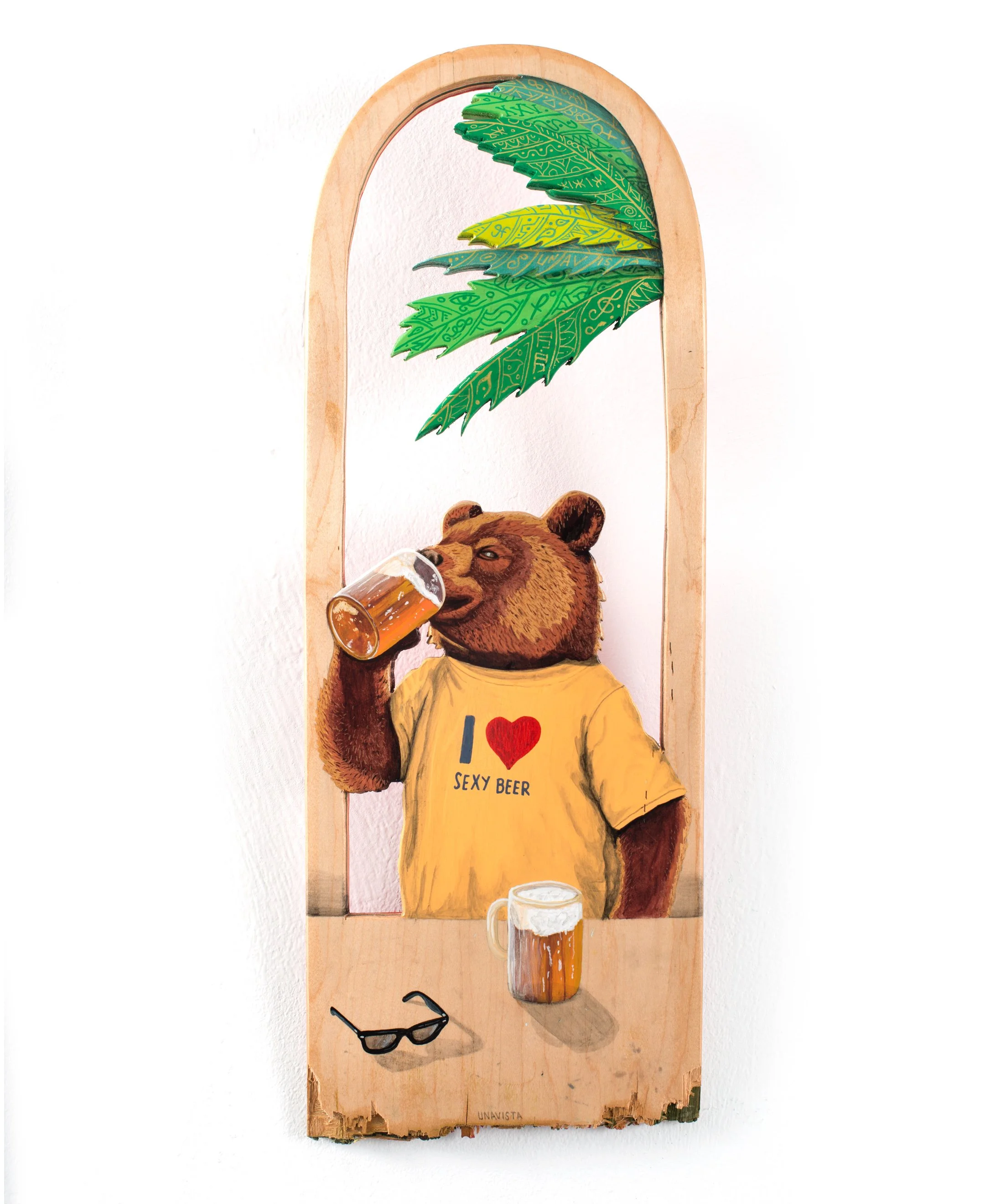  Sexy beer amigo  Acrylic paint and poscas on a broken skateboard.  60×21cm. 07/2025. 