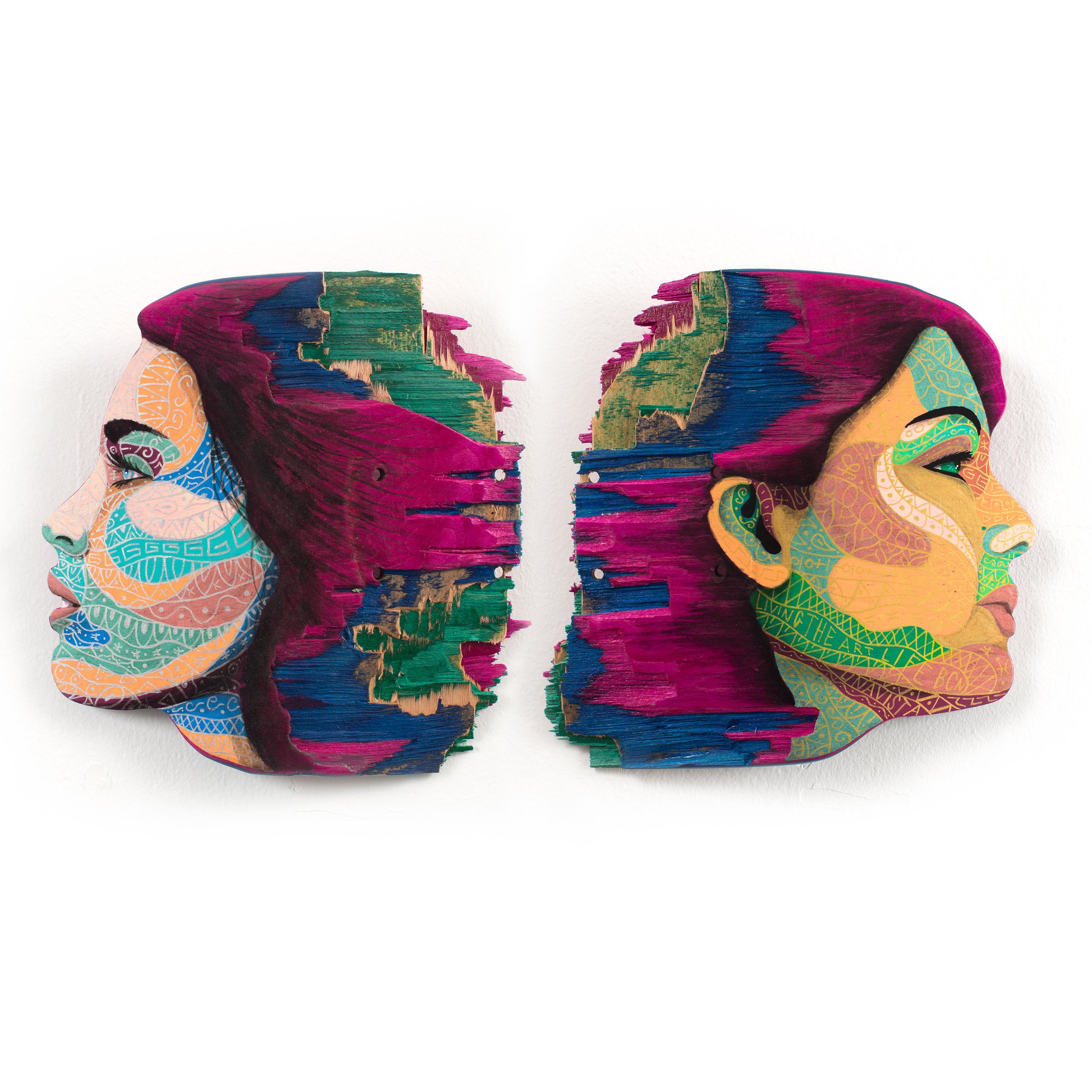  Women faces  poscas on a colored broken skateboard.  21X21cm , 04/2026. 