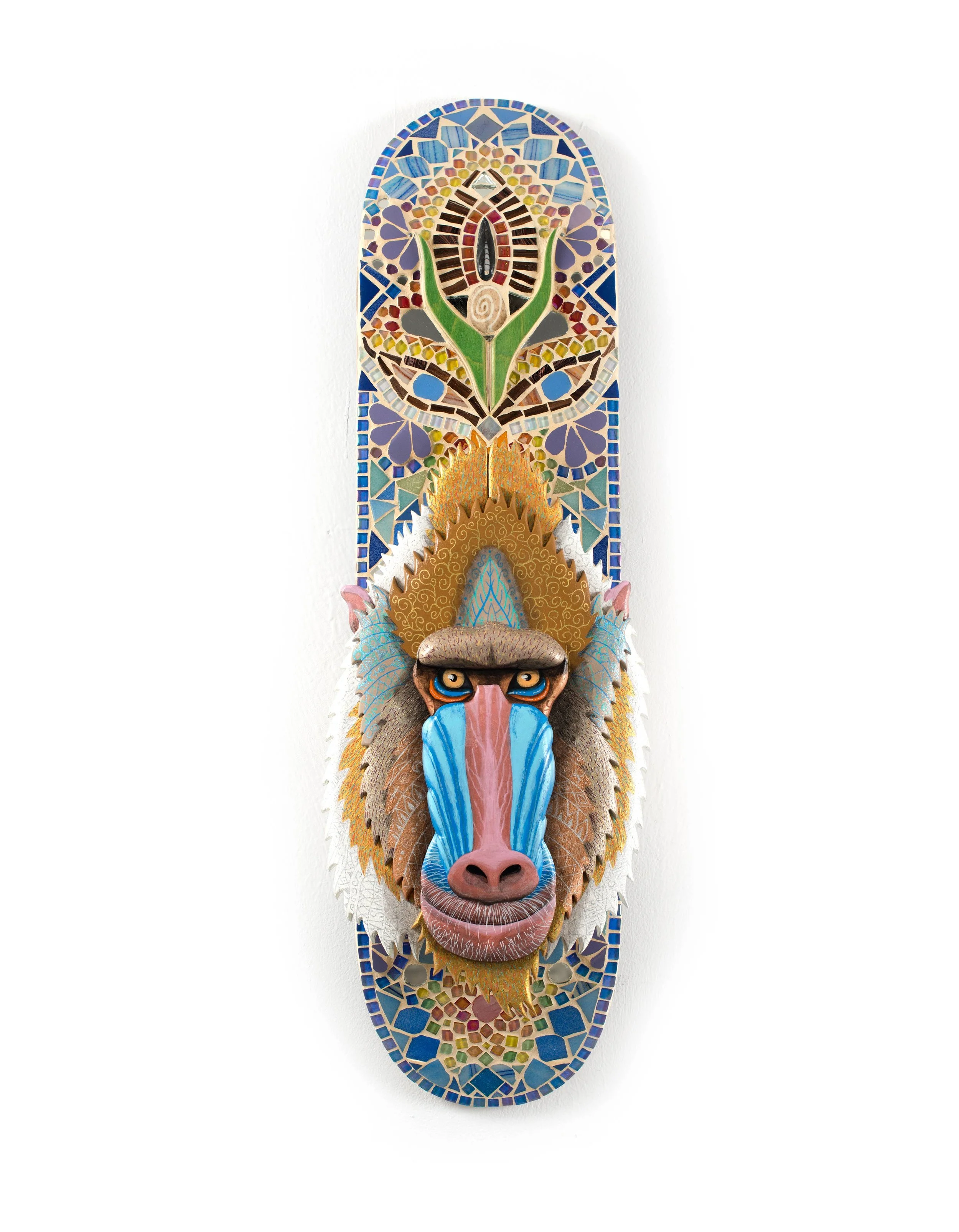  Mandrill mosaic  collaboration with M.moaico  acrylic paint, poscas and divers mosaique on 4 skateboards.  80X24cm , 12/2025. 