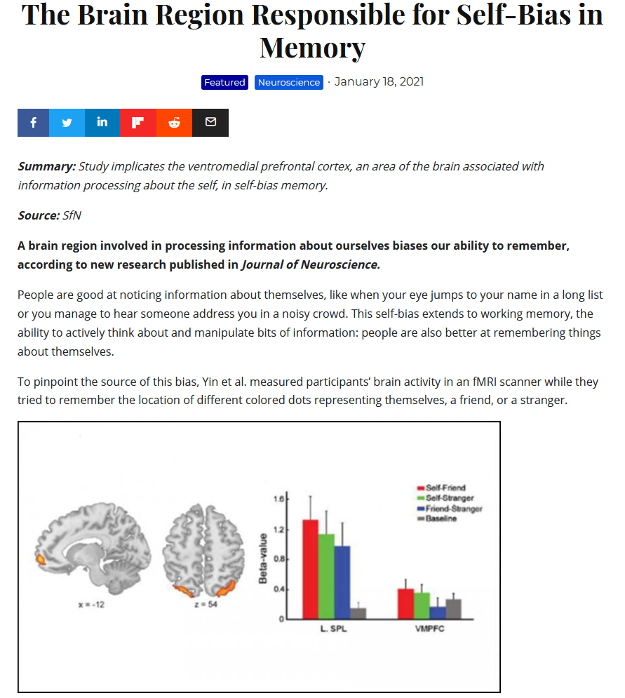 Neuroscience News: "The Brain Region Responsible for Self-Bias in Memory" - Jan. 18, 2021