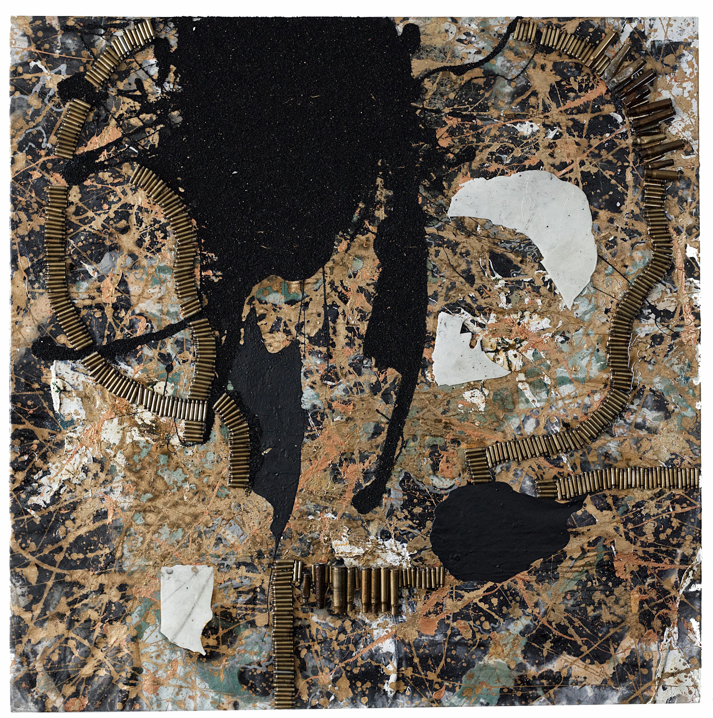 "THE LOST SON OF ADAM" - DEFENSIVE MOLECULAR DNA STRUCTURE OIL, PLASTER, RESIN, BULLET CASINGS, GUNPOWDER, CHARCOAL, ON CANVAS - 60X60