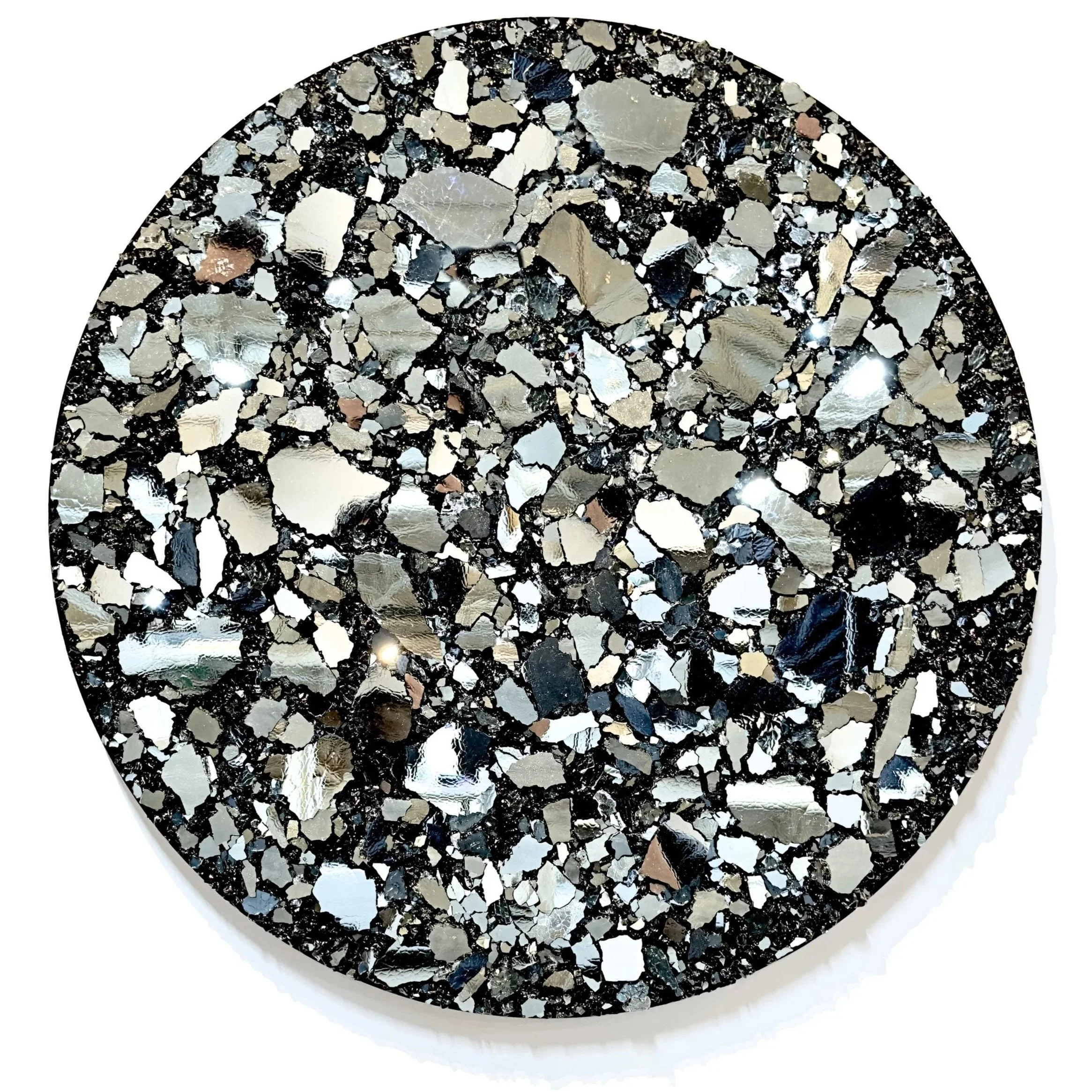  “THE CRASH AND THE CONQUER”  SHATTERED HIGH-RISE GLASS, OIL, RESIN, MOTOR OIL, ON WOOD - 36” CIRCLE     