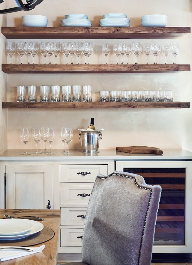 Special ingredient: Custom floating shelving for wine bar storage creates a clean look and allows your guests to serve themselves. Hope these ideas enhance your culinary adventures!