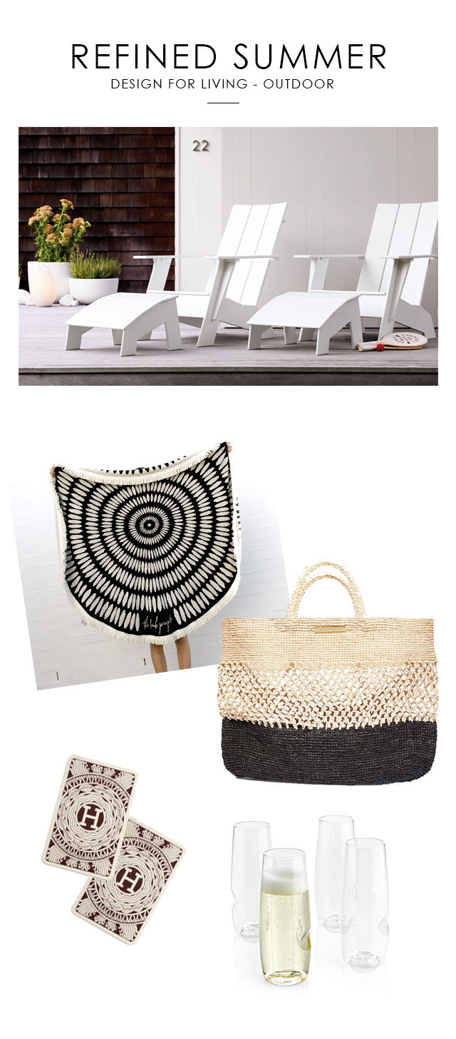 The Adirondack chairs from Design Within Reach are a great modern play on a classic comfortable outdoor chair. They come in a rocking chair style which is great for summer nights on the porch. The Beach People is an amazing company from Australia. They are making waves with their circular beach blanket. We particularly love the Tulum design . It wouldn't be summer without a refreshing drink, check out the outdoor glass from Crate & Barrel , they look real and are great for around the pool. Vintage playing cards are Hermes , and The Vix Ibiza Bag is from Goop .