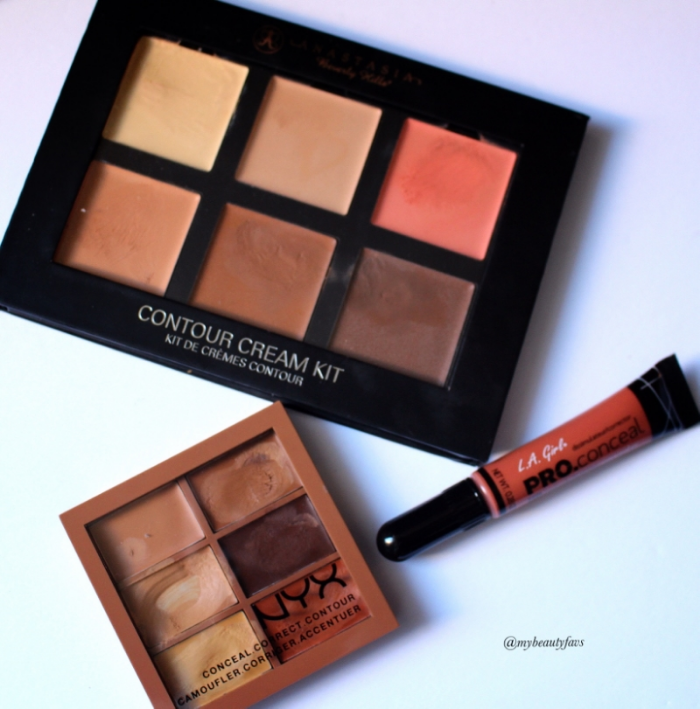 L.A. Girl-Orange Corrector, NYX Concealer-Deep, and Anastasia Beverly Hills Cream Contour-Medium