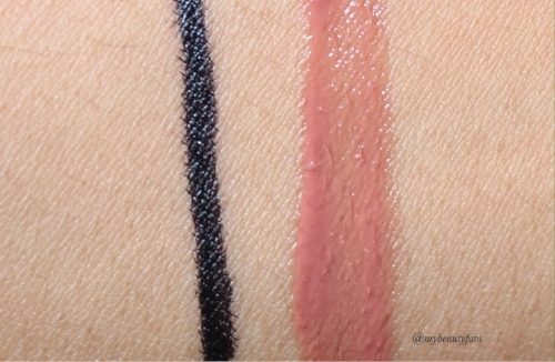On the left - Tarte Liner - swatched along the side of the tip so it appears thicker. NYX gloss in Praline on the right.