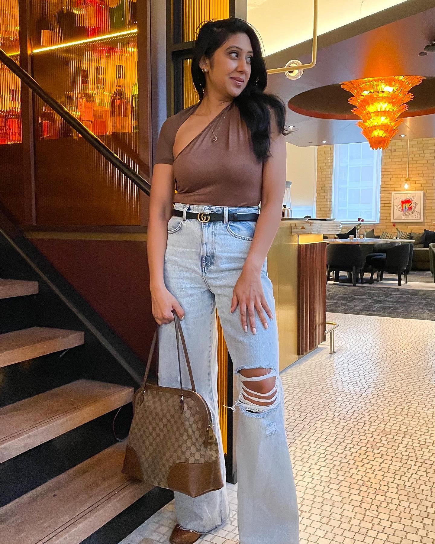 shein brown top and gucci belt