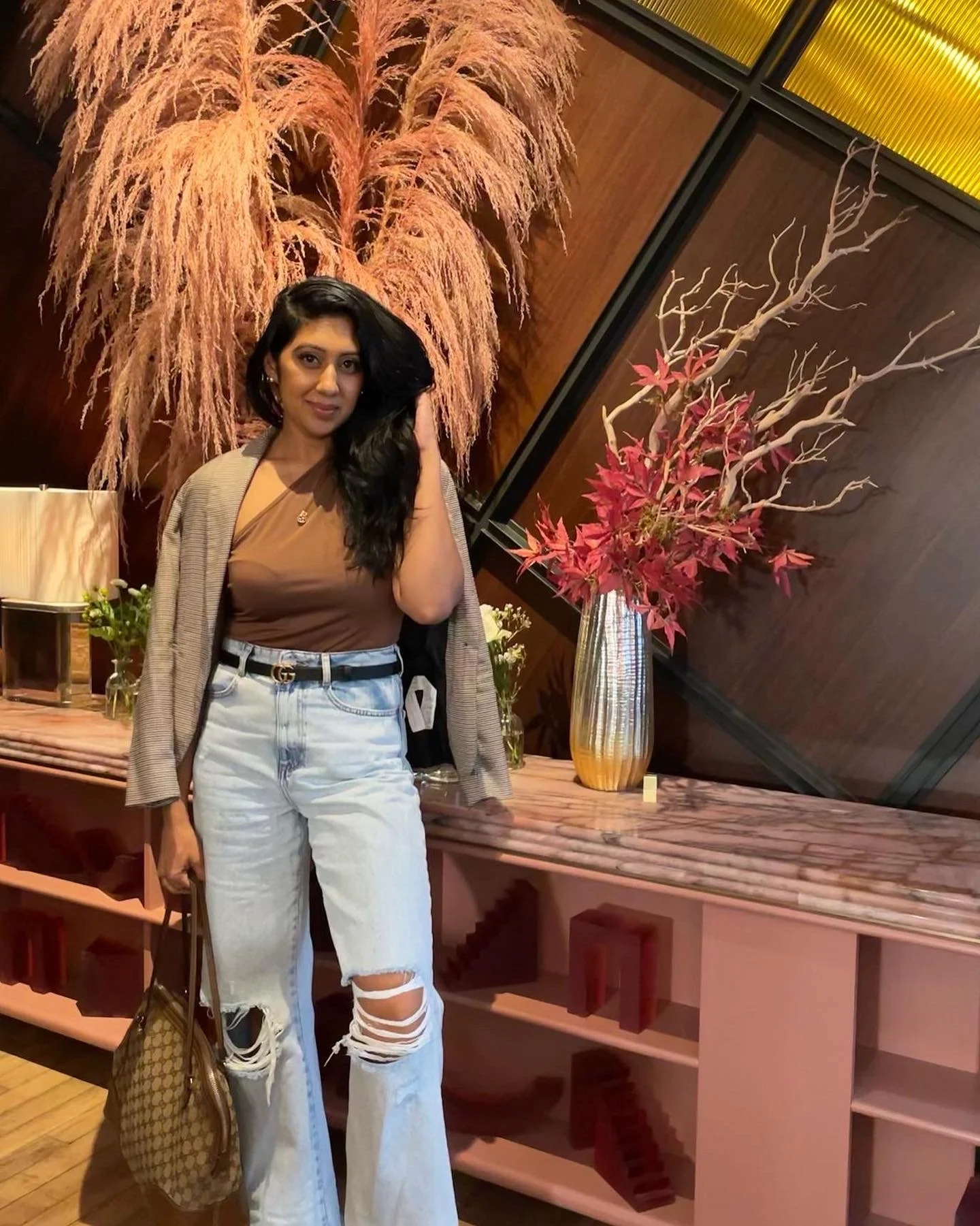 Gucci bag and belt, brown top