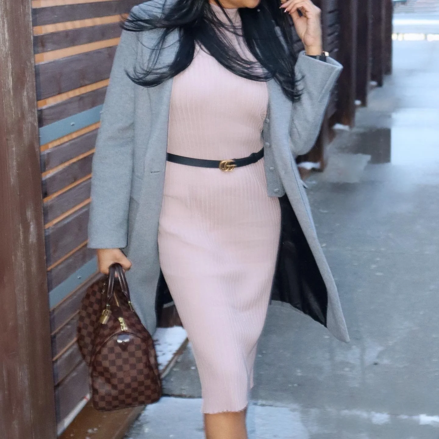Winter OOTD - Beige Zara Ribbed Dress &amp; Grey Coat