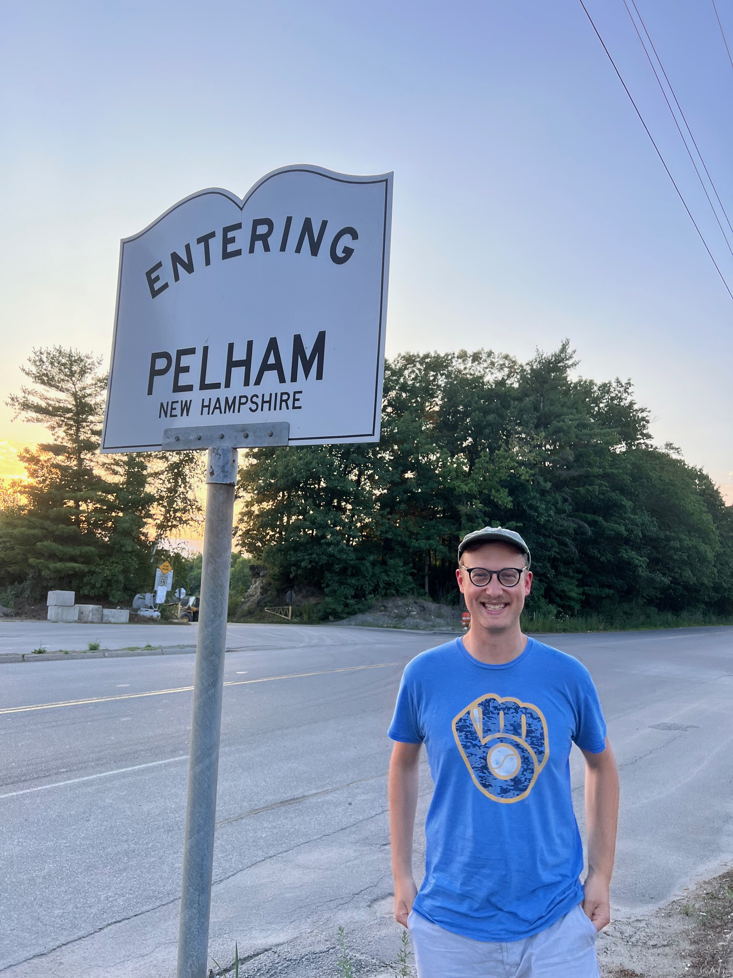 In front of the Pelham sign, right on the border of New Hampshire and Massachusetts