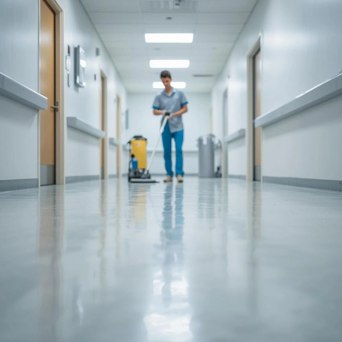 Photo of janitorial staff cleaning rubber flooring in a healthcare facility, emphasizing easy maintenance and hygiene. Bright, realistic setting..jpg