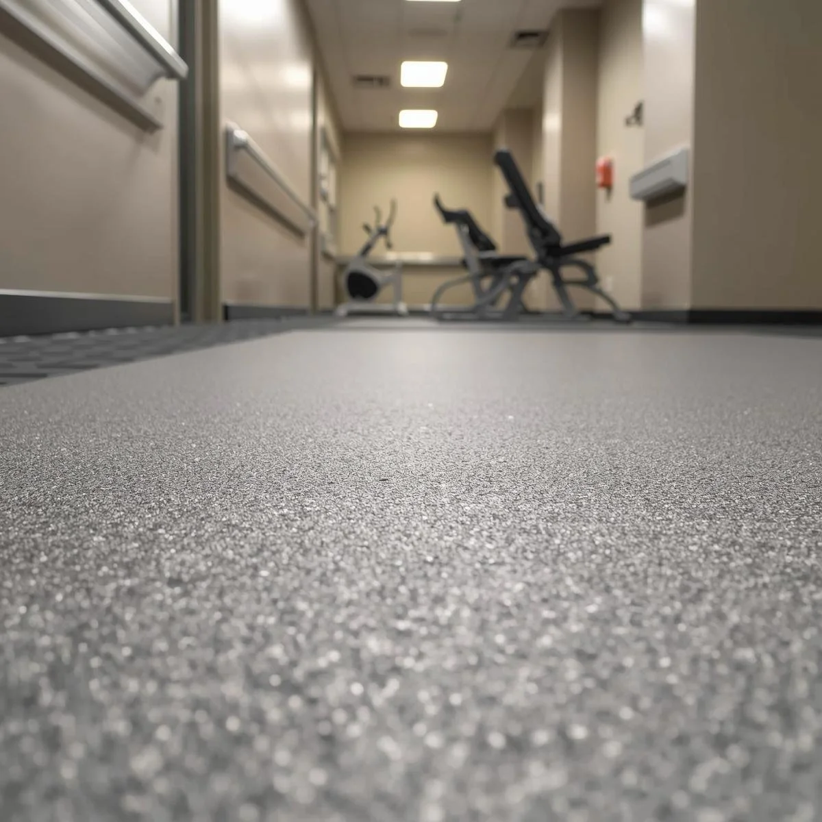 Gallery photo showing commercial rubber flooring in a gym or healthcare facility. Neutral tones, realistic lighting, emphasizing durability, slip-resistance, and impact absorption. Minimalist composition, no (1).jpg
