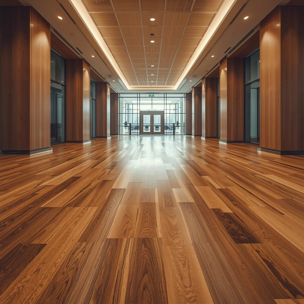 Generate a wide-angle image of a commercial interior fully showcasing hardwood flooring. Capture the entire space, such as a modern office lobby, retail showroom, or conference area, with sleek hardwood floors e.jpg
