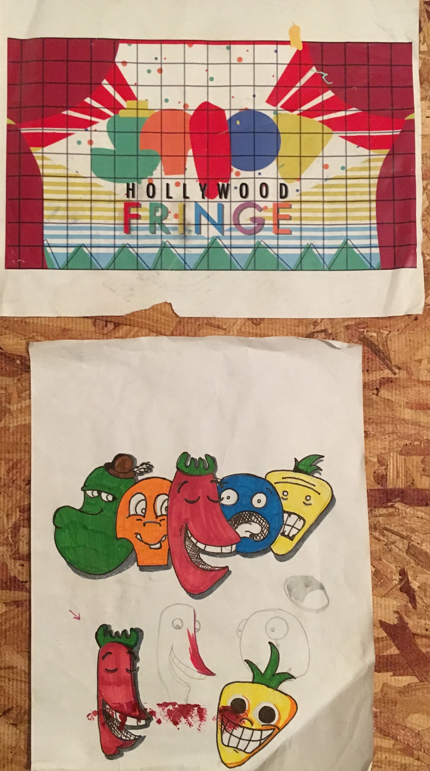  Here are some sample character faces, and my design scale grid which were used to help me take my design from paper to wall. 