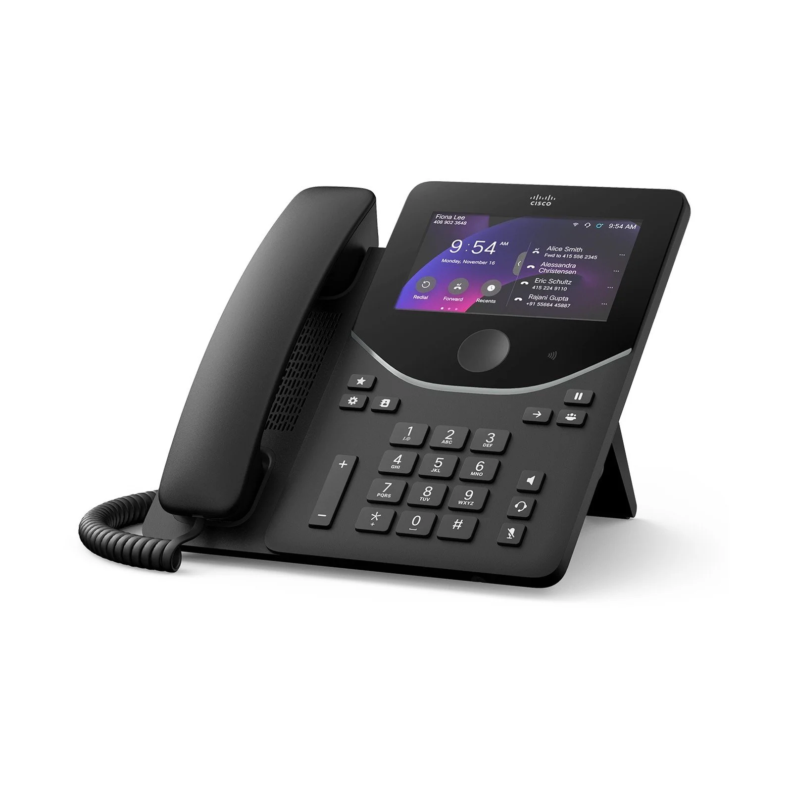 Cisco Desk Phone 9871 in Carbon Black with 5-inch color touchscreen showing the home screen, angled view