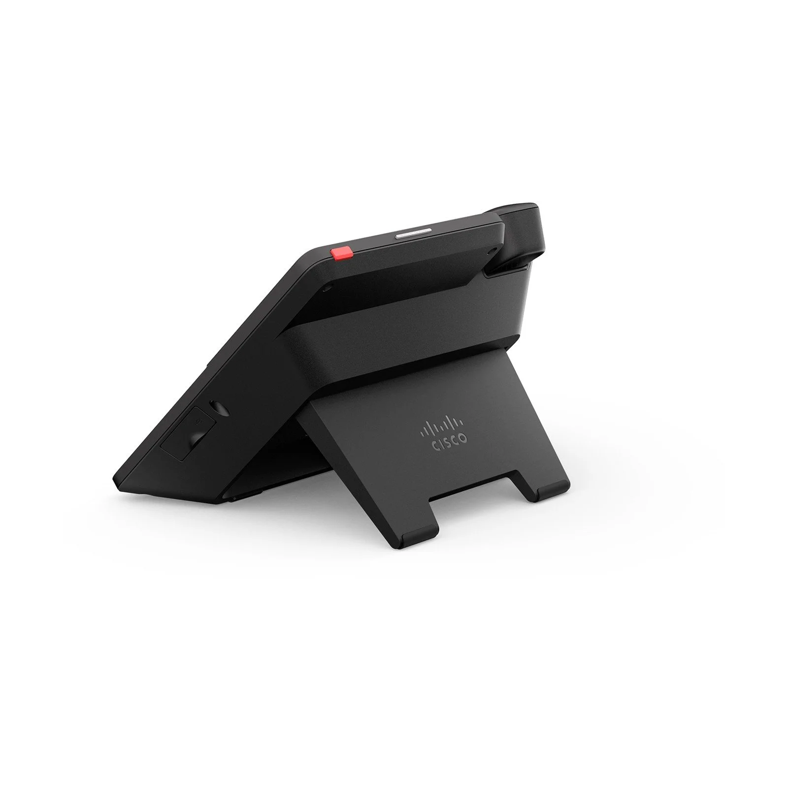 Cisco Desk Phone 9861 in Carbon Black, side profile showing the adjustable stand