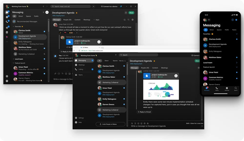 The Webex app open on a desktop computer, in a web browser and on a phone