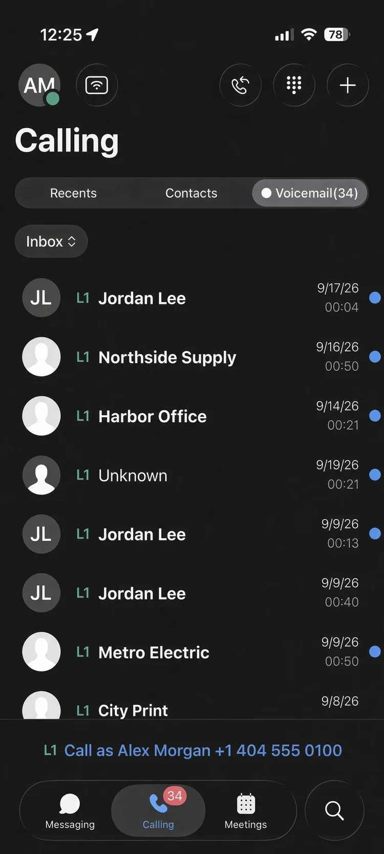 Webex app on a phone showing the voicemail inbox for a business line