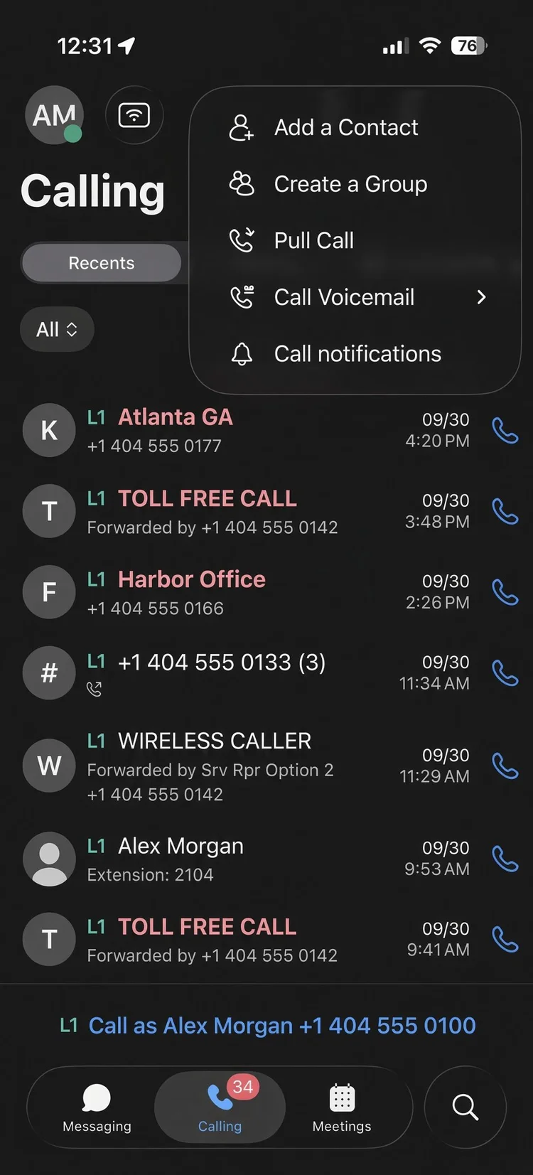 Webex app on a phone with the Calling menu open to Pull Call, above a list of recent business calls