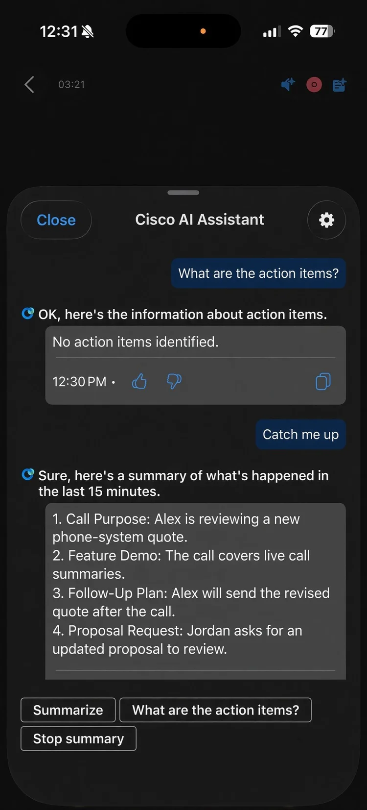 Cisco AI Assistant on a phone during a call, listing action items and a catch-up summary of the conversation
