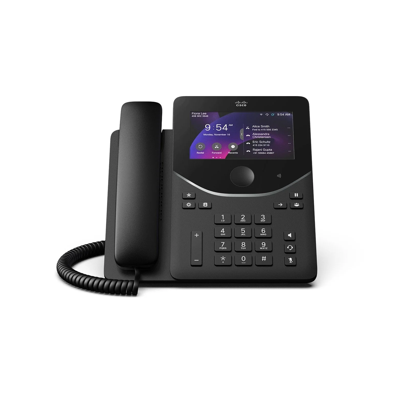 Cisco Desk Phone 9871 in Carbon Black, front view, with 5-inch color touchscreen and corded handset