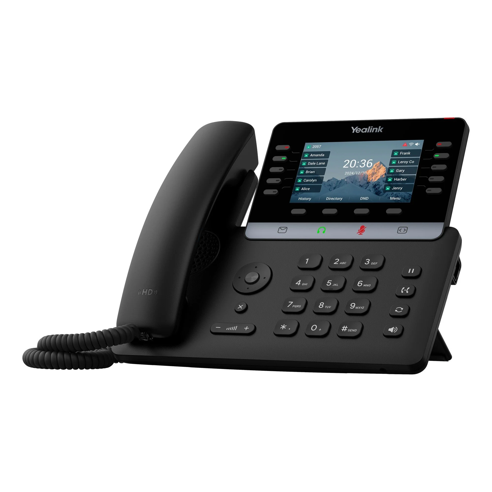 Yealink T74W IP desk phone, right angle view showing the stand