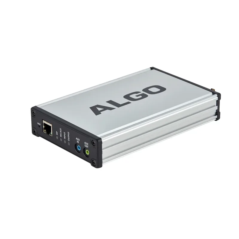 Algo 8301 IP Paging Adapter & Scheduler, a small silver adapter box with network and audio ports