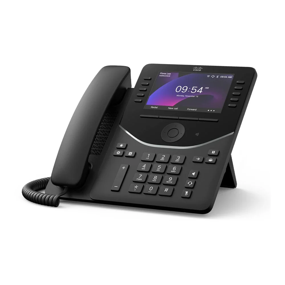 Cisco 9861 desk phone in carbon black with a 5-inch color display and ten line keys