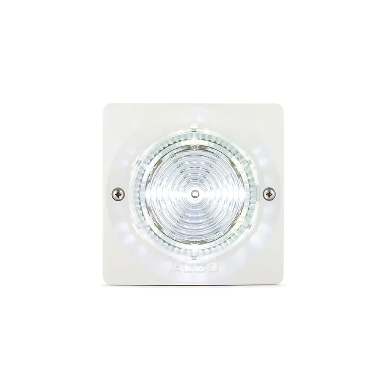 Algo 8128 IP Visual Alerter, a square white strobe light with a clear lens