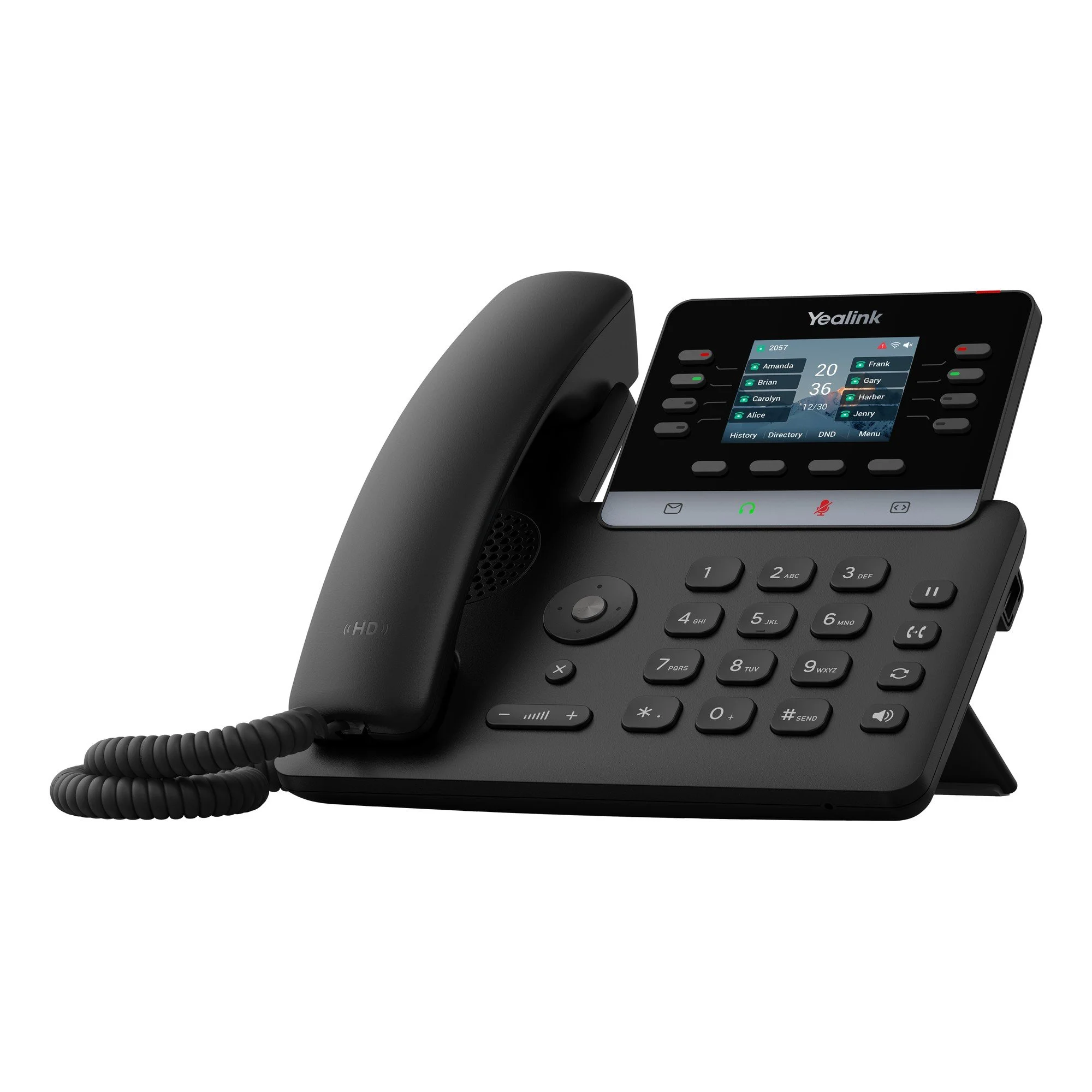 Yealink T73W IP desk phone, right angle view showing the stand