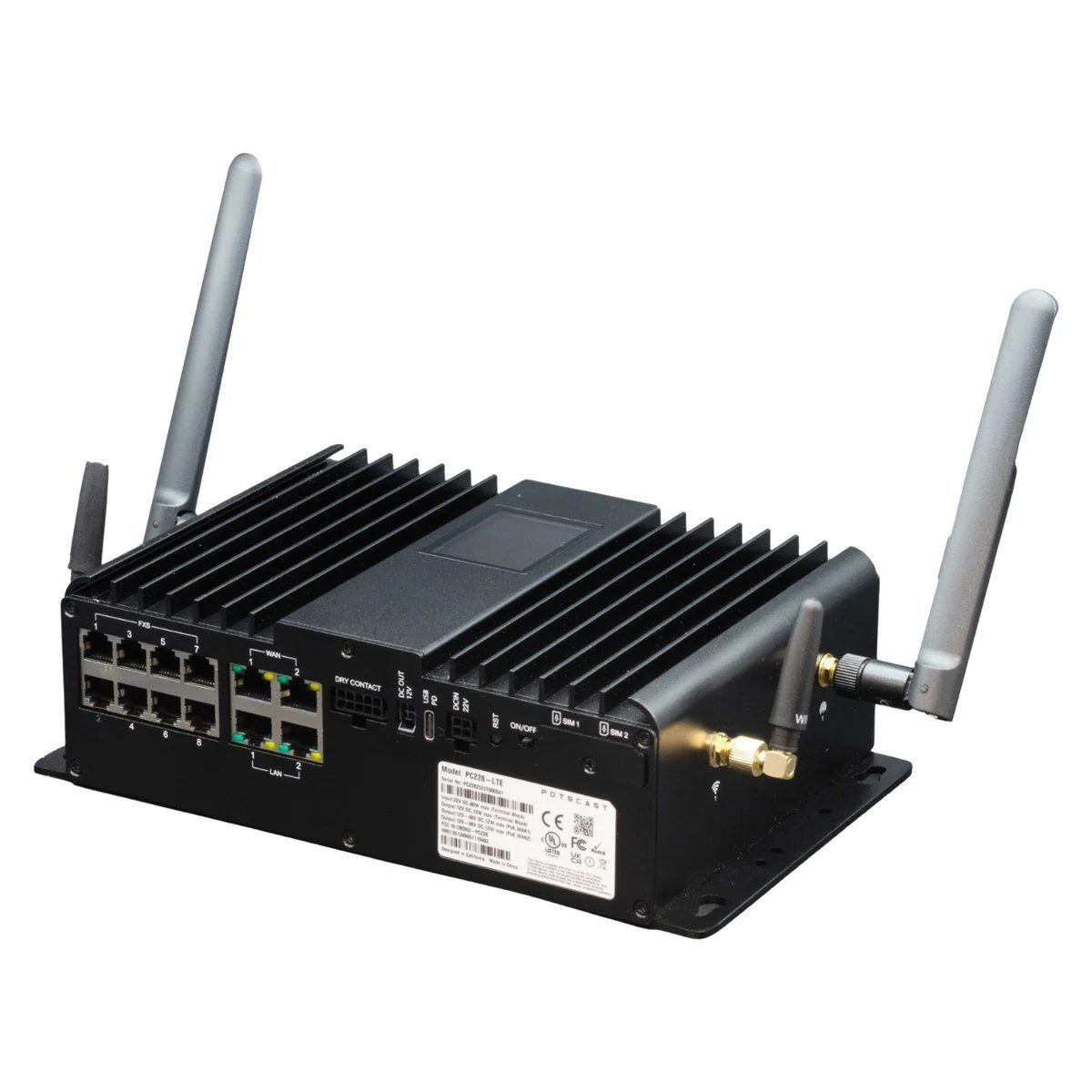 POTSCAST PC228-LTE POTS line replacement device with eight FXS phone ports, dual WAN and LAN ports, and LTE and Wi-Fi antennas.