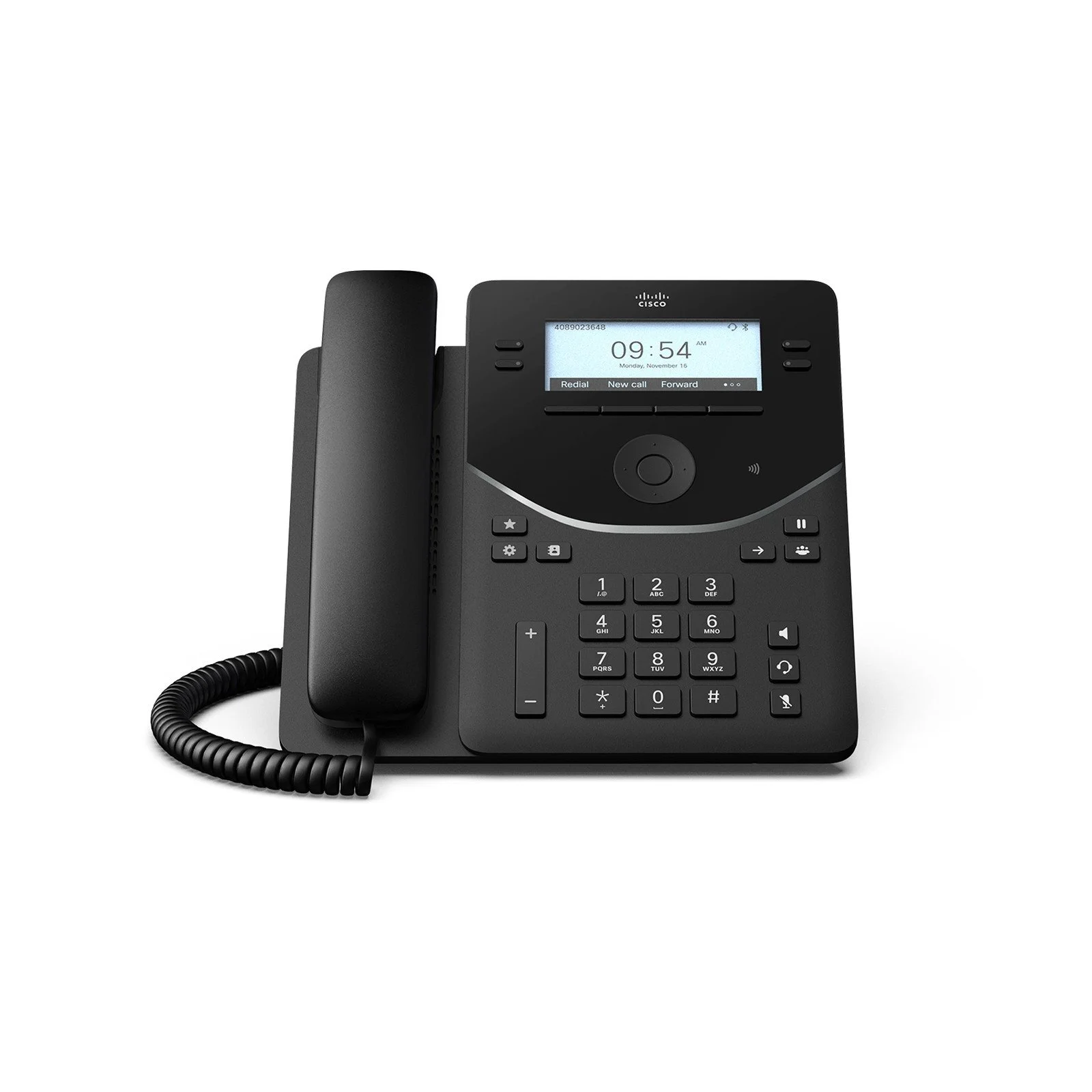 Cisco Desk Phone 9841 in Carbon Black, front view, with backlit grayscale display and corded handset